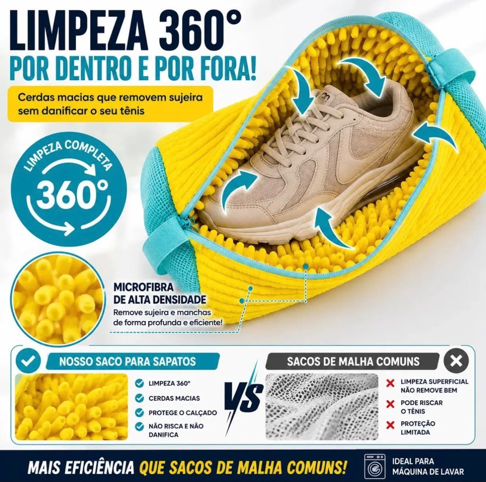 Explicação visual da bolsa Limpeza 360°, mostrando o tênis dentro da bolsa acolchoada e a comparação com sacos de malha comuns